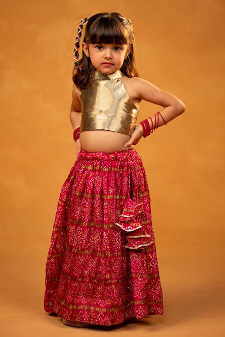 JILMIL DREAMWEAR Gold , Chanderi Bandhani Print Lehenga And Halter Crop Top at Aza Fashions JILMIL DREAMWEAR_Gold , Chanderi Bandhani Print Lehenga And Halter Crop Top_at_Aza_Fashions