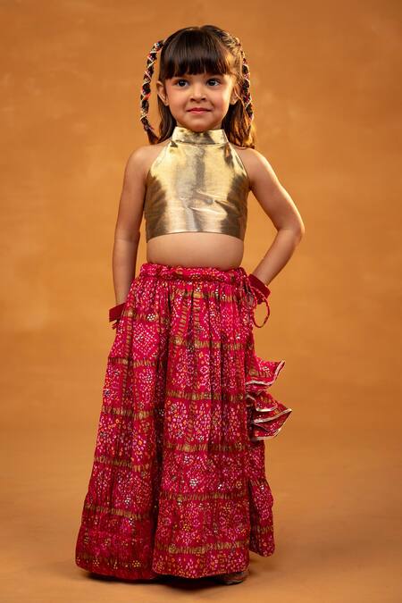 Buy JILMIL DREAMWEAR Gold , Chanderi Bandhani Print Lehenga And Halter Crop Top Buy_JILMIL DREAMWEAR_Gold , Chanderi Bandhani Print Lehenga And Halter Crop Top