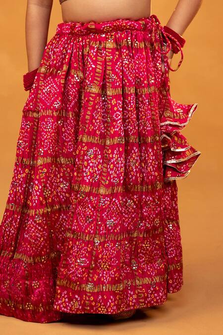 Shop JILMIL DREAMWEAR Gold , Chanderi Bandhani Print Lehenga And Halter Crop Top Shop_JILMIL DREAMWEAR_Gold , Chanderi Bandhani Print Lehenga And Halter Crop Top