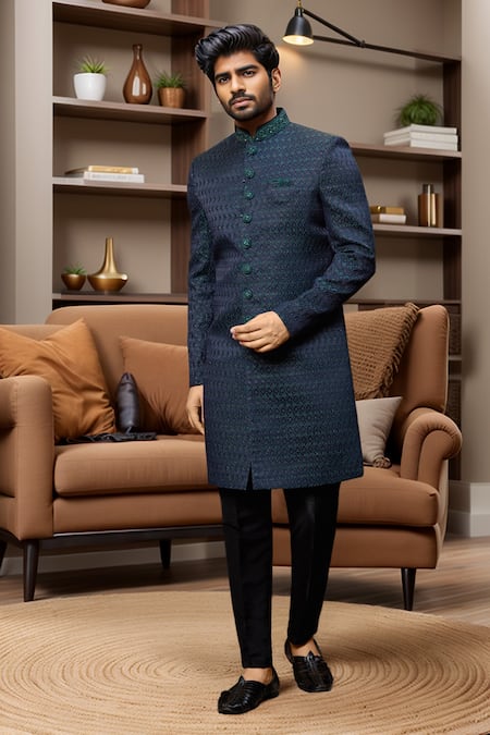 Buy_Arihant Rai Sinha_Green Jacquard, Silk Embroidery Geometric Pattern Sherwani And Aligadhi Pant _Online_at_Aza_Fashions