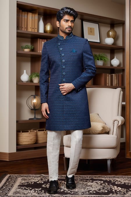Buy_Arihant Rai Sinha_Blue Jacquard, Silk Quatrefoil Jaal Sherwani And Aligadhi Pant _Online_at_Aza_Fashions