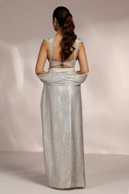 Shop_Label Moni K_Silver Silk, Crepe Cut Work, Embroidery Sweetheart 3d Floral Pre-draped Saree _at_Aza_Fashions