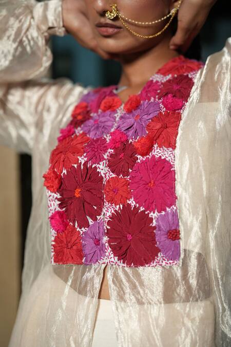 Chambray & CO._Silver Cotton, Silk Fabric Flowers Bloom Embroidered Overlay Top And Pant Set _Online_at_Aza_Fashions