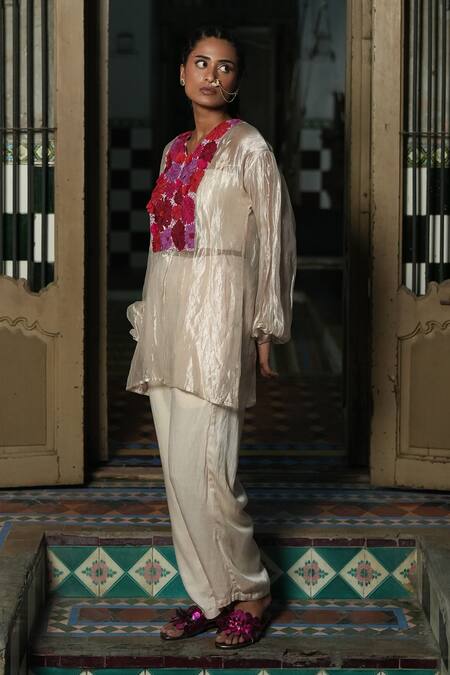 Buy_Chambray & CO._Silver Cotton, Silk Fabric Flowers Bloom Embroidered Overlay Top And Pant Set _Online_at_Aza_Fashions