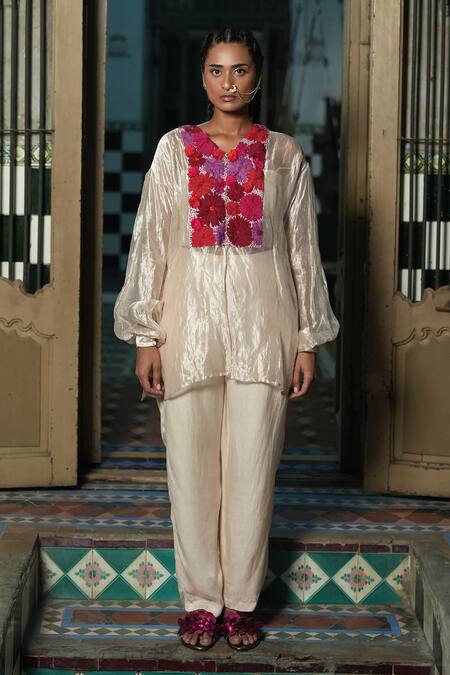 Shop_Chambray & CO._Silver Cotton, Silk Fabric Flowers Bloom Embroidered Overlay Top And Pant Set _Online_at_Aza_Fashions