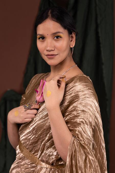 Buy Chambray & CO. Gold Silk Crushed Texture Pre-draped Saree Online at Aza Fashions Buy_Chambray & CO._Gold Silk Crushed Texture Pre-draped Saree _Online_at_Aza_Fashions