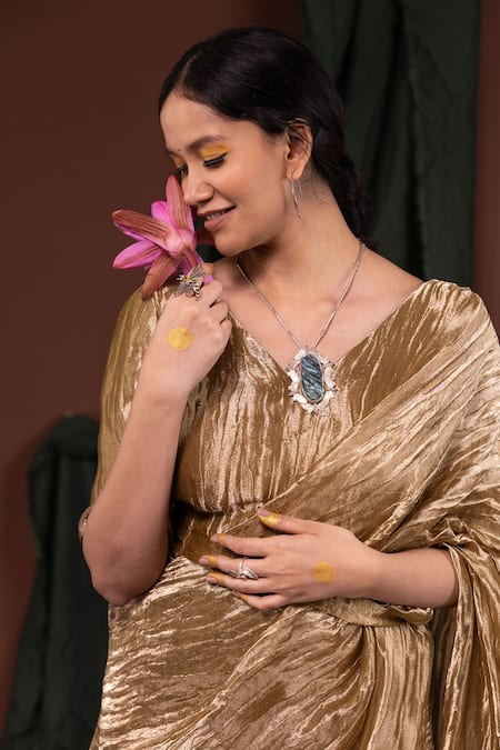 Chambray & CO. Gold Silk Crushed Texture Pre-draped Saree at Aza Fashions Chambray & CO._Gold Silk Crushed Texture Pre-draped Saree _at_Aza_Fashions