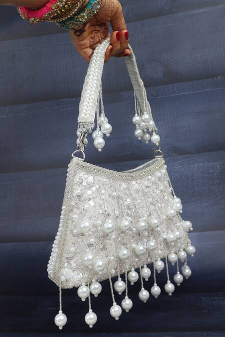 Buy_Soho Boho Studio By Aarti Thakur_White Pearls, Sequins Designer Handbag_Online_at_Aza_Fashions