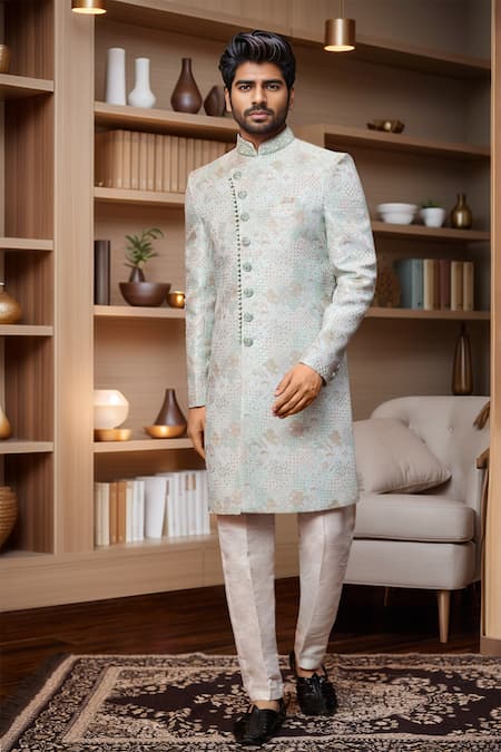Buy Arihant Rai Sinha Blue Jacquard, Silk Embroidery Floral Paisley Sherwani With Aligadhi Pant Online at Aza Fashions Buy_Arihant Rai Sinha_Blue Jacquard, Silk Embroidery Floral Paisley Sherwani With Aligadhi Pant _Online_at_Aza_Fashions