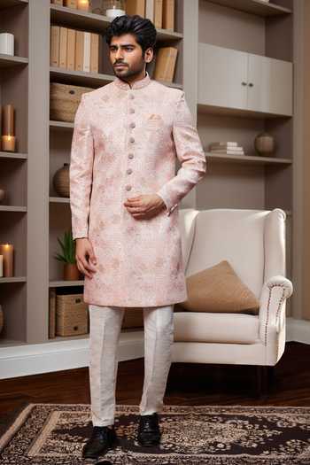Buy Arihant Rai Sinha Cream Jacquard, Silk Embroidery Floral Paisley Sherwani And Aligadhi Pant Online at Aza Fashions Buy_Arihant Rai Sinha_Cream Jacquard, Silk Embroidery Floral Paisley Sherwani And Aligadhi Pant _Online_at_Aza_Fashions