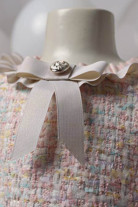 Pnk Isha Arora (Pink)_Pink Tweed Fringe Multicolored Frill Detail Dress _Online_at_Aza_Fashions