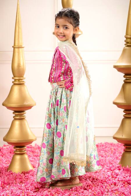 Pnk Isha Arora (Pink)_Green Polyester, Chiffon Floral Printed Lehenga Set _Online_at_Aza_Fashions