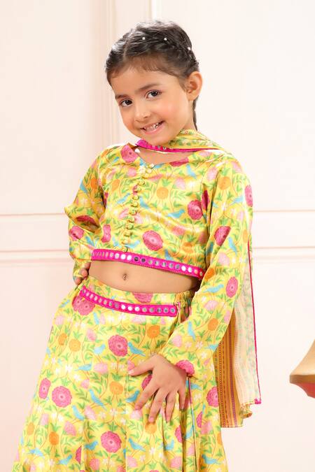 Pnk Isha Arora (Pink)_Yellow Polyester, Cotton Embroidery, Mirrors Floral Print Lehenga Set _Online_at_Aza_Fashions