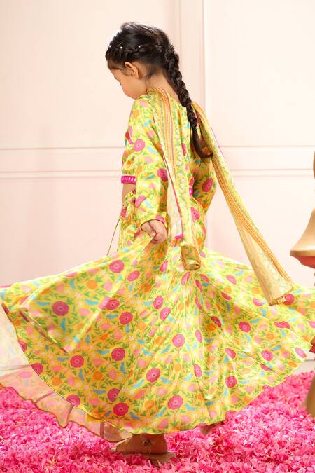 Buy_Pnk Isha Arora (Pink)_Yellow Polyester, Cotton Embroidery, Mirrors Floral Print Lehenga Set _Online_at_Aza_Fashions