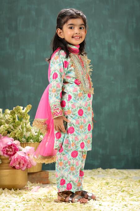 Buy_Pnk Isha Arora (Pink)_Blue Polyester, Cotton Mirrors, Embroidery Floral Gota Kurta Set _Online_at_Aza_Fashions