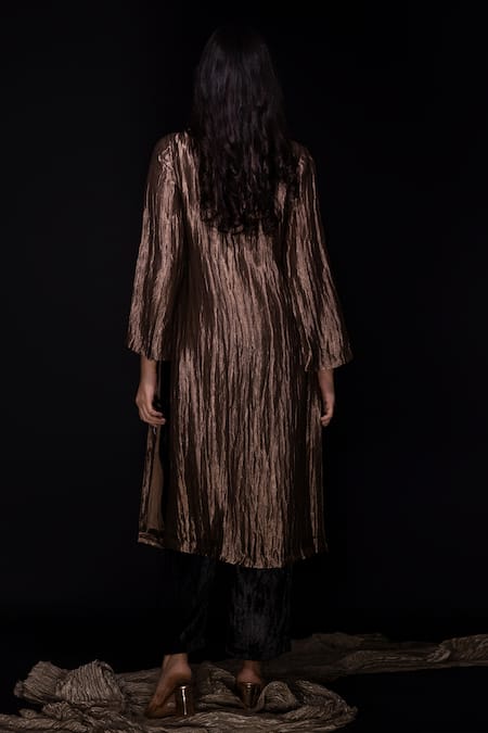 Shop Chambray & CO. Gold Silk, Velvet Embroidery Round Neck And Black Applique Kurta Set at Aza Fashions Shop_Chambray & CO._Gold Silk, Velvet Embroidery Round Neck And Black Applique Kurta Set _at_Aza_Fashions