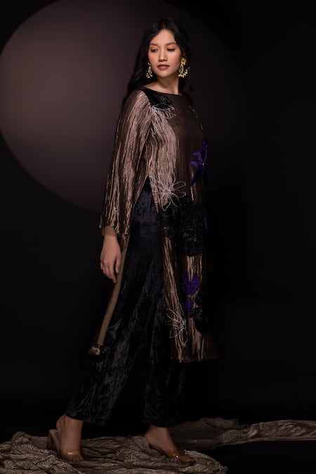 Chambray & CO. Gold Silk, Velvet Embroidery Round Neck And Black Applique Kurta Set Online at Aza Fashions Chambray & CO._Gold Silk, Velvet Embroidery Round Neck And Black Applique Kurta Set _Online_at_Aza_Fashions