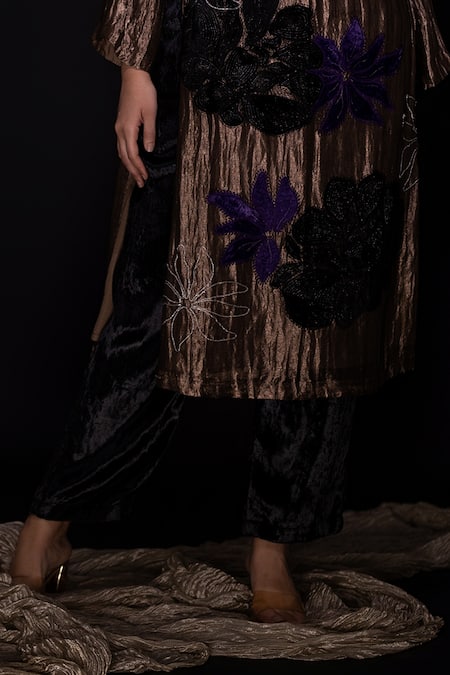 Buy Chambray & CO. Gold Silk, Velvet Embroidery Round Neck And Black Applique Kurta Set Online at Aza Fashions Buy_Chambray & CO._Gold Silk, Velvet Embroidery Round Neck And Black Applique Kurta Set _Online_at_Aza_Fashions