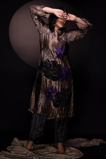 Shop Chambray & CO. Gold Silk, Velvet Embroidery Round Neck And Black Applique Kurta Set Online at Aza Fashions Shop_Chambray & CO._Gold Silk, Velvet Embroidery Round Neck And Black Applique Kurta Set _Online_at_Aza_Fashions