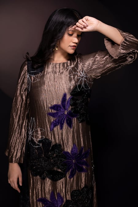 Buy Chambray & CO. Gold Silk, Velvet Embroidery Round Neck And Black Applique Kurta Set Buy_Chambray & CO._Gold Silk, Velvet Embroidery Round Neck And Black Applique Kurta Set