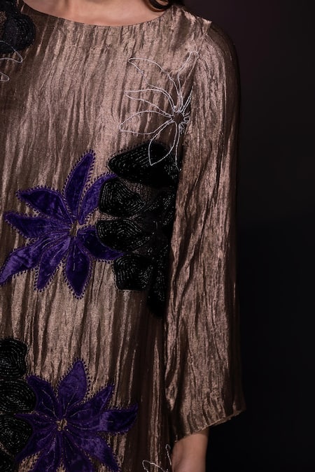 Shop Chambray & CO. Gold Silk, Velvet Embroidery Round Neck And Black Applique Kurta Set Shop_Chambray & CO._Gold Silk, Velvet Embroidery Round Neck And Black Applique Kurta Set