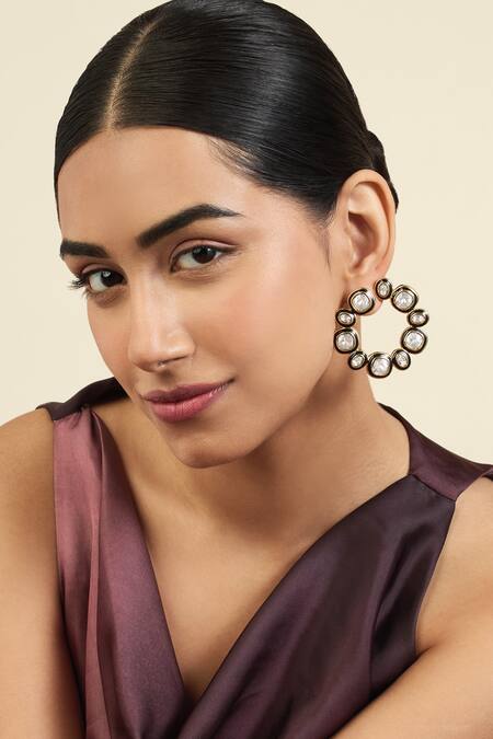 Shop Isharya Gold Plated Crystals Embellished Cutwork Hoops Online at Aza Fashions Shop_Isharya_Gold Plated Crystals Embellished Cutwork Hoops _Online_at_Aza_Fashions