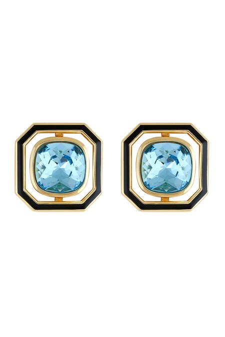Shop Isharya Blue Crystals E-coated Aquamarine Stud Earrings at Aza Fashions Shop_Isharya_Blue Crystals E-coated Aquamarine Stud Earrings_at_Aza_Fashions