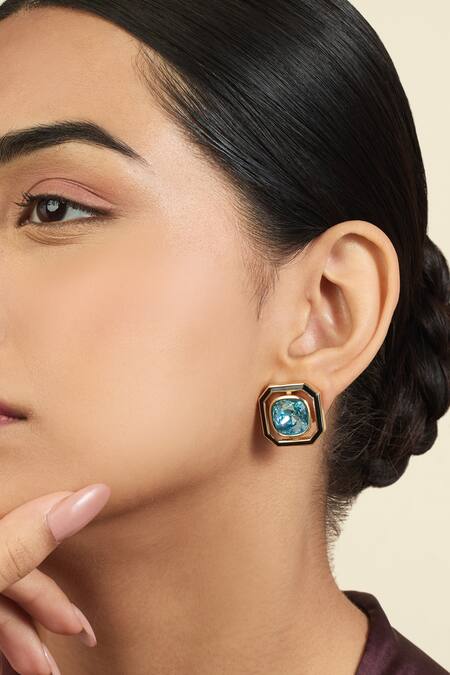 Buy Isharya Blue Crystals E-coated Aquamarine Stud Earrings Online at Aza Fashions Buy_Isharya_Blue Crystals E-coated Aquamarine Stud Earrings_Online_at_Aza_Fashions