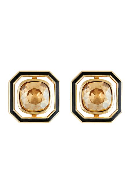 Shop Isharya Gold Plated Crystals Cutwork Stud Earrings at Aza Fashions Shop_Isharya_Gold Plated Crystals Cutwork Stud Earrings _at_Aza_Fashions