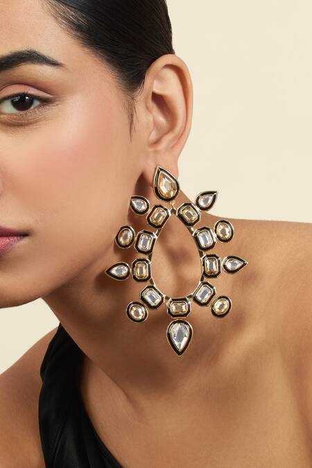 Shop_Isharya_Gold Plated Crystals Tear Drop Earrings_Online_at_Aza_Fashions