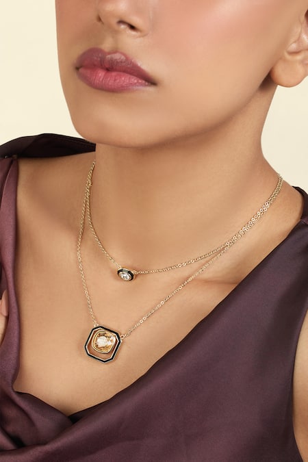 Shop_Isharya_Gold Plated Crystals Layered Pendant Necklace With Embellishments _Online_at_Aza_Fashions