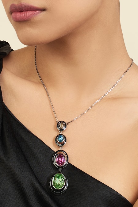 Shop_Isharya_Multi Color Crystals Y Shaped Pendant Necklace With Multicolor_Online_at_Aza_Fashions