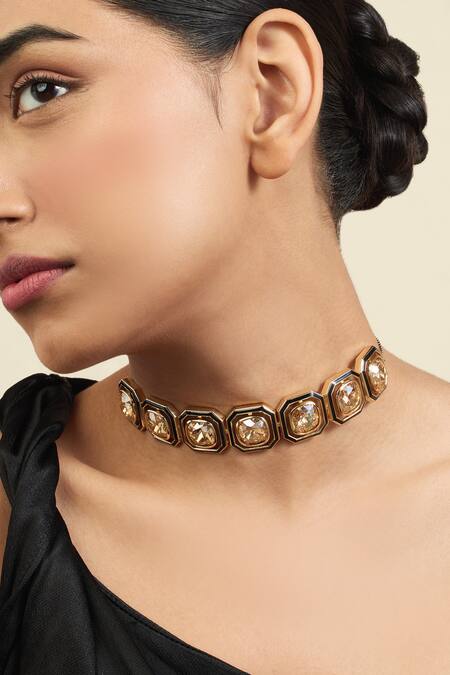 Shop_Isharya_Gold Plated Crystal Embellished Choker_Online_at_Aza_Fashions