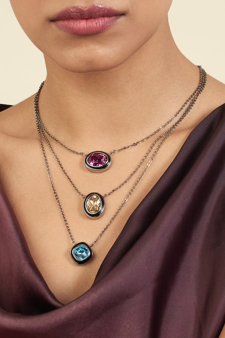 Shop Isharya Multi Color Crystals Embellished Layered Pendant Necklace Online at Aza Fashions Shop_Isharya_Multi Color Crystals Embellished Layered Pendant Necklace _Online_at_Aza_Fashions