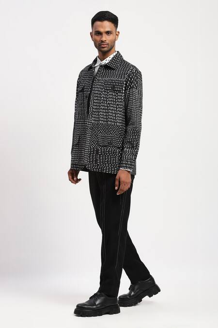 Abraham And Thakore Black Viscose Kantha Print Collared Jacket Online at Aza Fashions Abraham And Thakore_Black Viscose Kantha Print Collared Jacket_Online_at_Aza_Fashions
