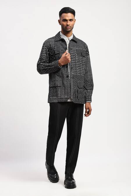 Shop Abraham And Thakore Black Viscose Kantha Print Collared Jacket Online at Aza Fashions Shop_Abraham And Thakore_Black Viscose Kantha Print Collared Jacket_Online_at_Aza_Fashions