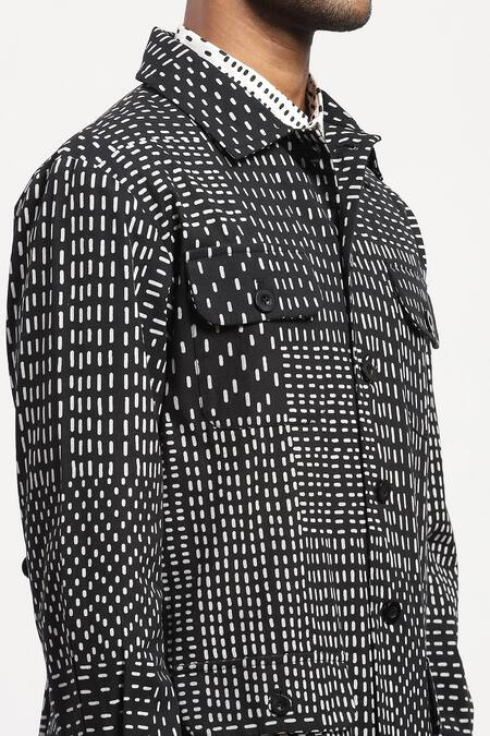 Abraham And Thakore Black Viscose Kantha Print Collared Jacket at Aza Fashions Abraham And Thakore_Black Viscose Kantha Print Collared Jacket_at_Aza_Fashions