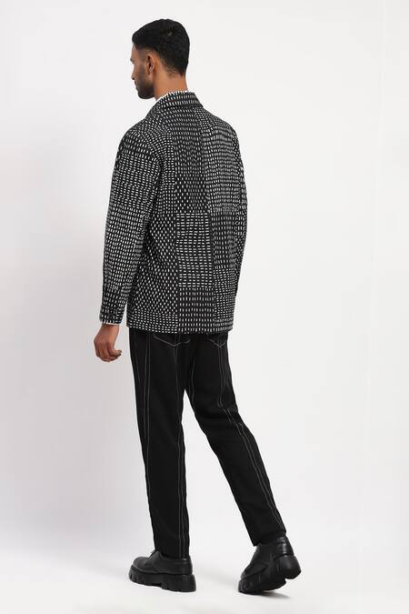 Shop Abraham And Thakore Black Viscose Kantha Print Collared Jacket at Aza Fashions Shop_Abraham And Thakore_Black Viscose Kantha Print Collared Jacket_at_Aza_Fashions
