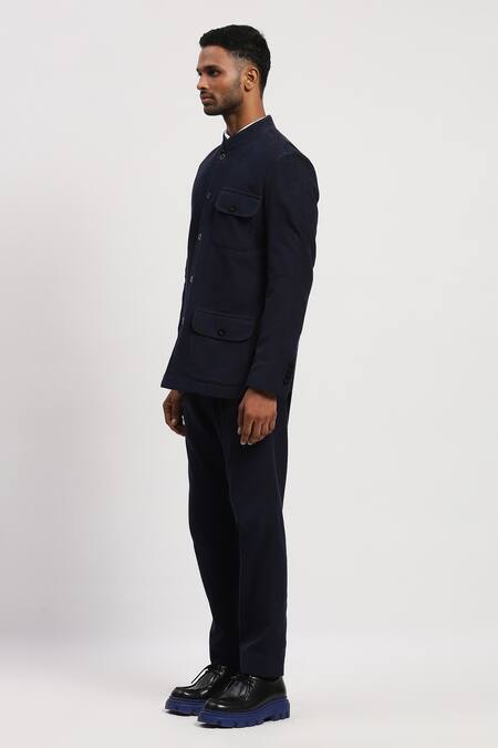 Abraham And Thakore Blue Corduroy Solid Pattern Jacket Online at Aza Fashions Abraham And Thakore_Blue Corduroy Solid Pattern Jacket _Online_at_Aza_Fashions