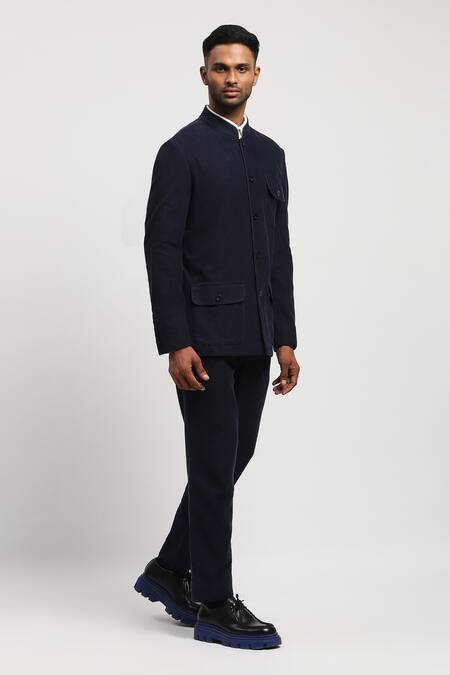 Shop Abraham And Thakore Blue Corduroy Solid Pattern Jacket Online at Aza Fashions Shop_Abraham And Thakore_Blue Corduroy Solid Pattern Jacket _Online_at_Aza_Fashions