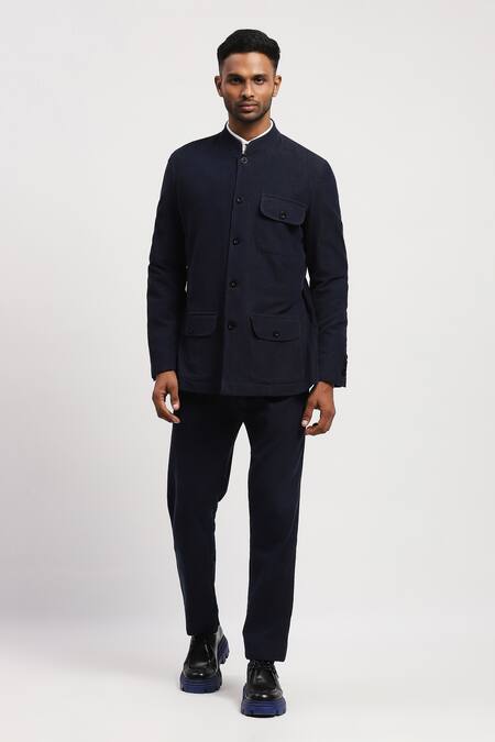 Abraham And Thakore Blue Corduroy Solid Pattern Jacket at Aza Fashions Abraham And Thakore_Blue Corduroy Solid Pattern Jacket _at_Aza_Fashions