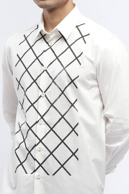 Abraham And Thakore White Cotton Embroidery Trellis Block Print Designer Shirt Online at Aza Fashions Abraham And Thakore_White Cotton Embroidery Trellis Block Print Designer Shirt _Online_at_Aza_Fashions