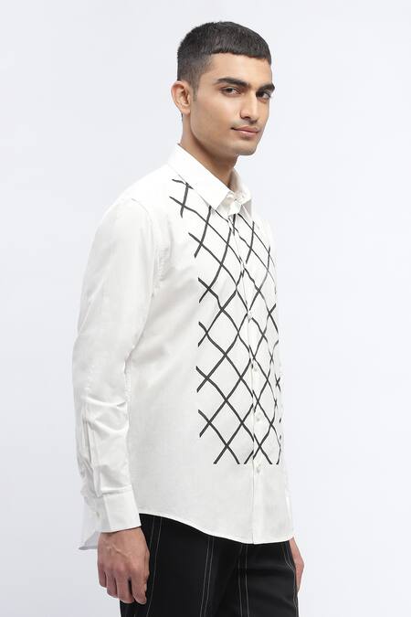 Shop Abraham And Thakore White Cotton Embroidery Trellis Block Print Designer Shirt Online at Aza Fashions Shop_Abraham And Thakore_White Cotton Embroidery Trellis Block Print Designer Shirt _Online_at_Aza_Fashions