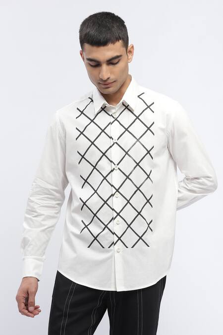 Abraham And Thakore White Cotton Embroidery Trellis Block Print Designer Shirt at Aza Fashions Abraham And Thakore_White Cotton Embroidery Trellis Block Print Designer Shirt _at_Aza_Fashions