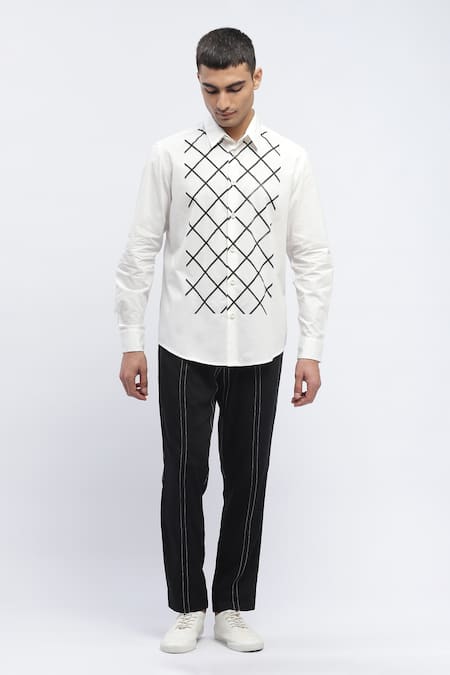 Abraham And Thakore White Cotton Embroidery Trellis Block Print Designer Shirt 