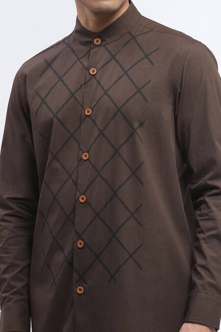 Abraham And Thakore Brown Pure Cotton Trellis Pattern Block Print Shirt Online at Aza Fashions Abraham And Thakore_Brown Pure Cotton Trellis Pattern Block Print Shirt _Online_at_Aza_Fashions