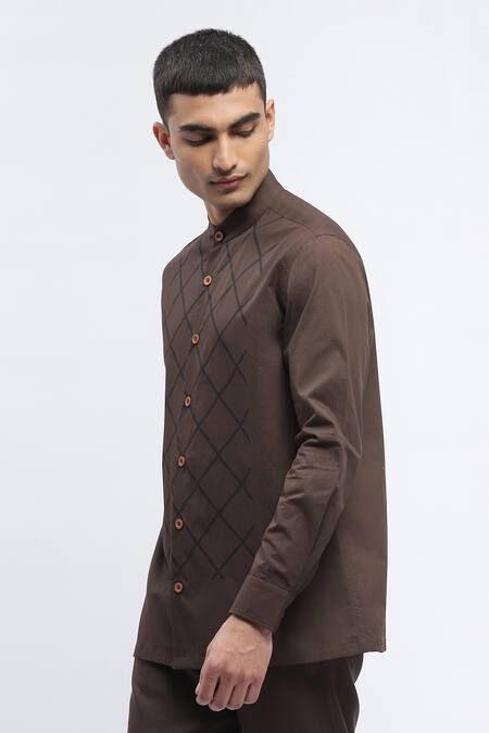 Buy Abraham And Thakore Brown Pure Cotton Trellis Pattern Block Print Shirt Online at Aza Fashions Buy_Abraham And Thakore_Brown Pure Cotton Trellis Pattern Block Print Shirt _Online_at_Aza_Fashions