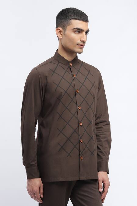 Shop Abraham And Thakore Brown Pure Cotton Trellis Pattern Block Print Shirt Online at Aza Fashions Shop_Abraham And Thakore_Brown Pure Cotton Trellis Pattern Block Print Shirt _Online_at_Aza_Fashions