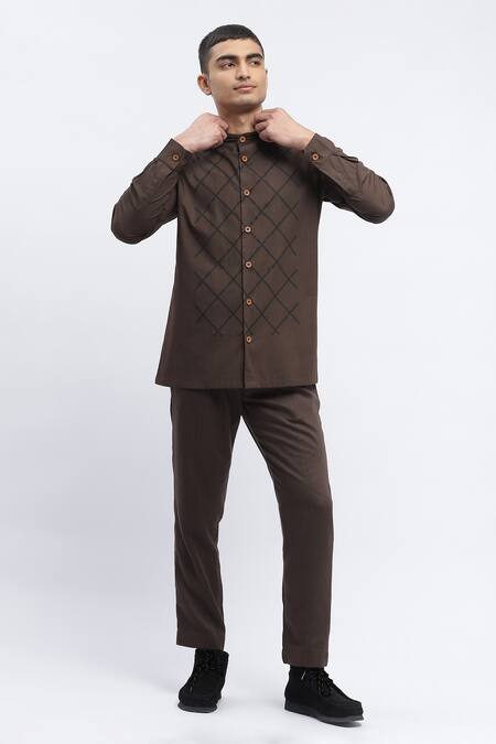 Abraham And Thakore Brown Pure Cotton Trellis Pattern Block Print Shirt at Aza Fashions Abraham And Thakore_Brown Pure Cotton Trellis Pattern Block Print Shirt _at_Aza_Fashions