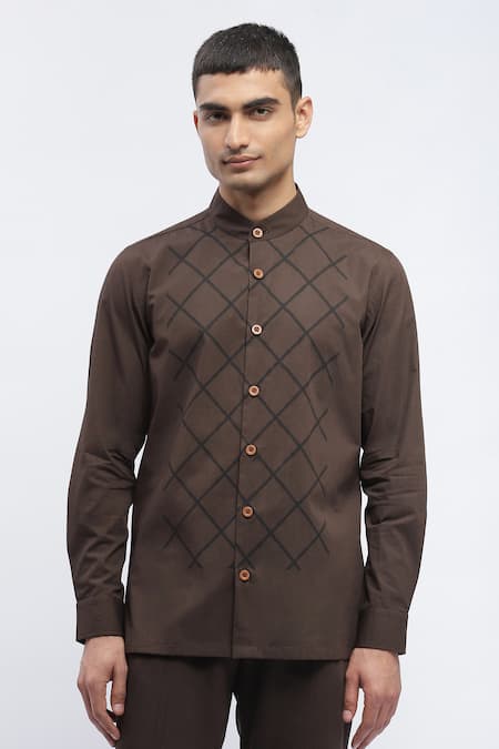 Abraham And Thakore Brown Pure Cotton Trellis Pattern Block Print Shirt 